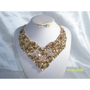 Golden champagne rhinestone necklace set, MOB wedding prom party formal necklace